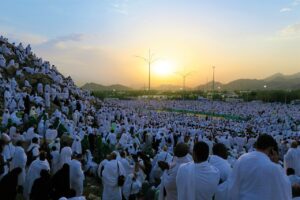 muslim pilgrims at the top mount arafat during hajj